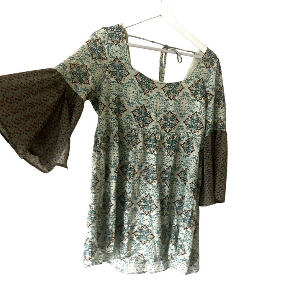 Umgee Babydoll Dress Tunic Size M Y2K Bohemian 3/4 Length Bell Sleeve Tie Back
